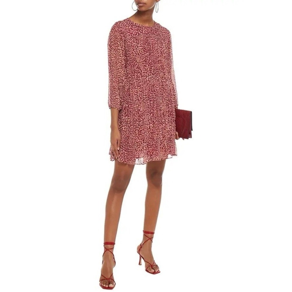 BA&SH Grace Pleated Printed Crepon Mini Shift Dress Medium Red Pink Antique Rose